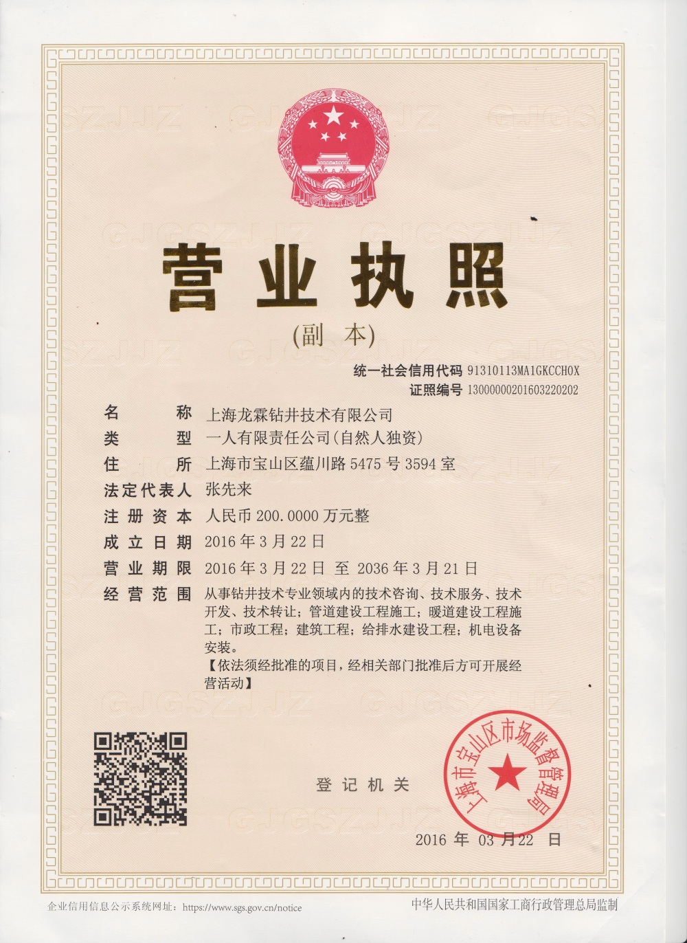 上海龙霖钻井技术有限公司营业执照